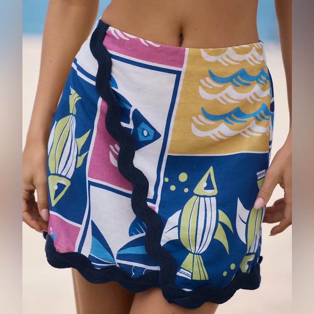 Anthropologie Linen Reef Fish Skirt XL Rickrack Ocean Beach Nautical Vacation